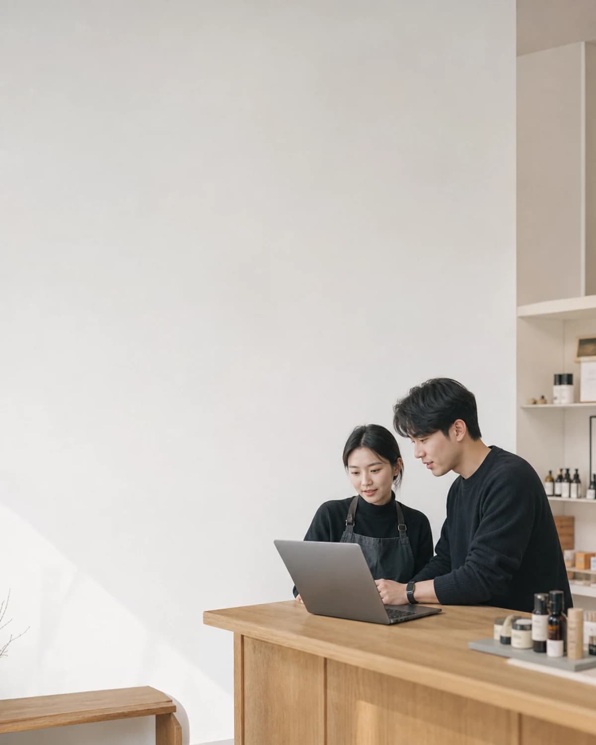 작은 브랜드 매장에서 홈페이지를 함께 살펴보는 운영자와 디자이너