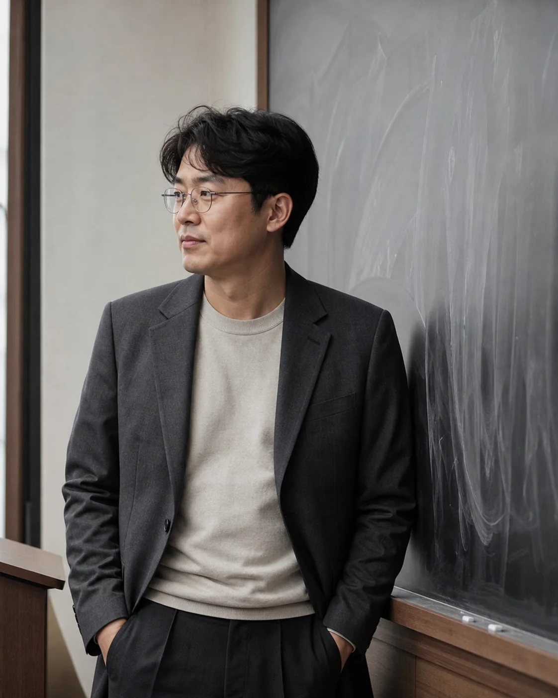 칠판 곁에서 수업을 준비하는 국어·논술 교사