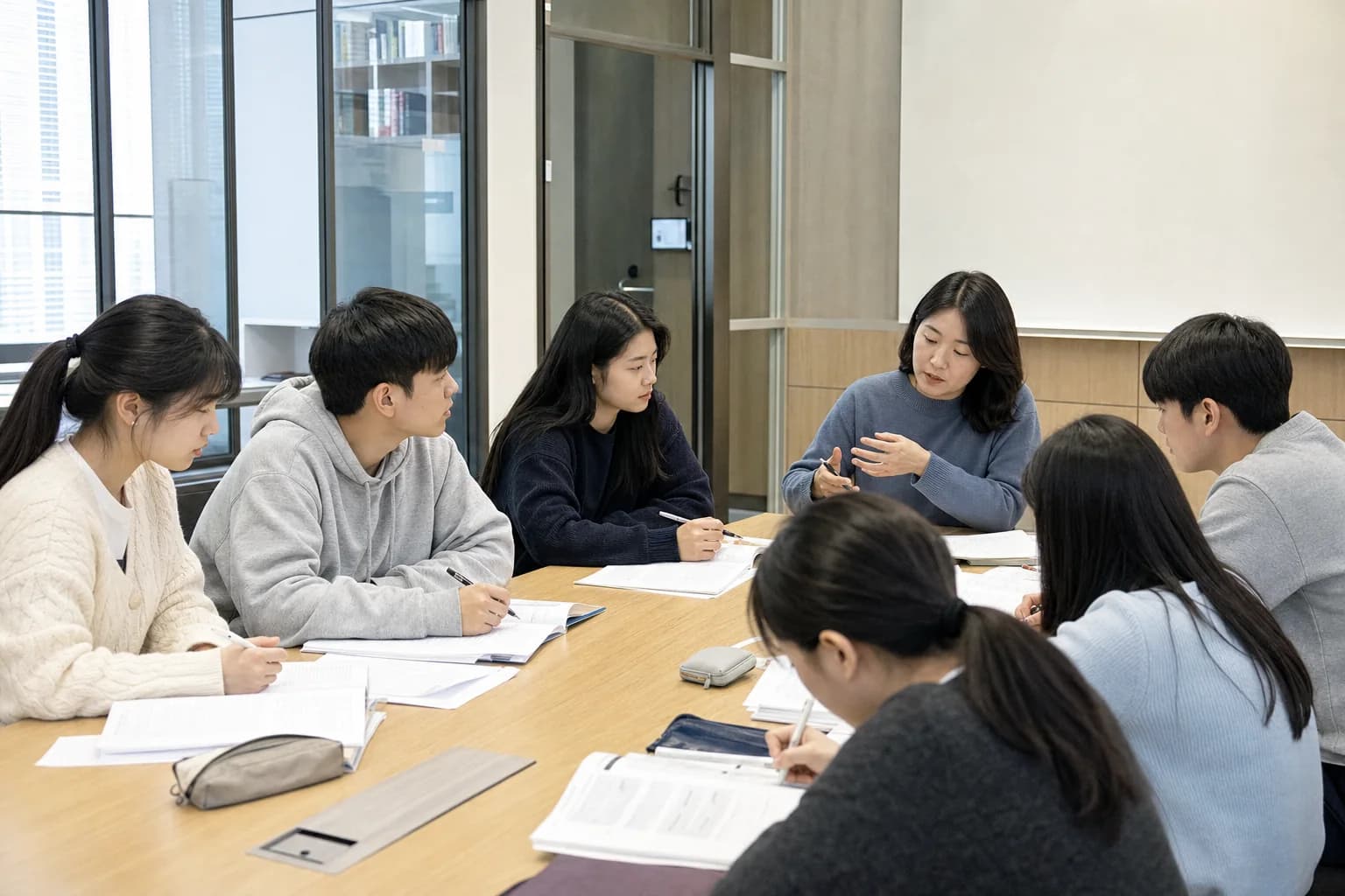교사와 학생들이 긴 테이블에 둘러앉아 토론하는 수업