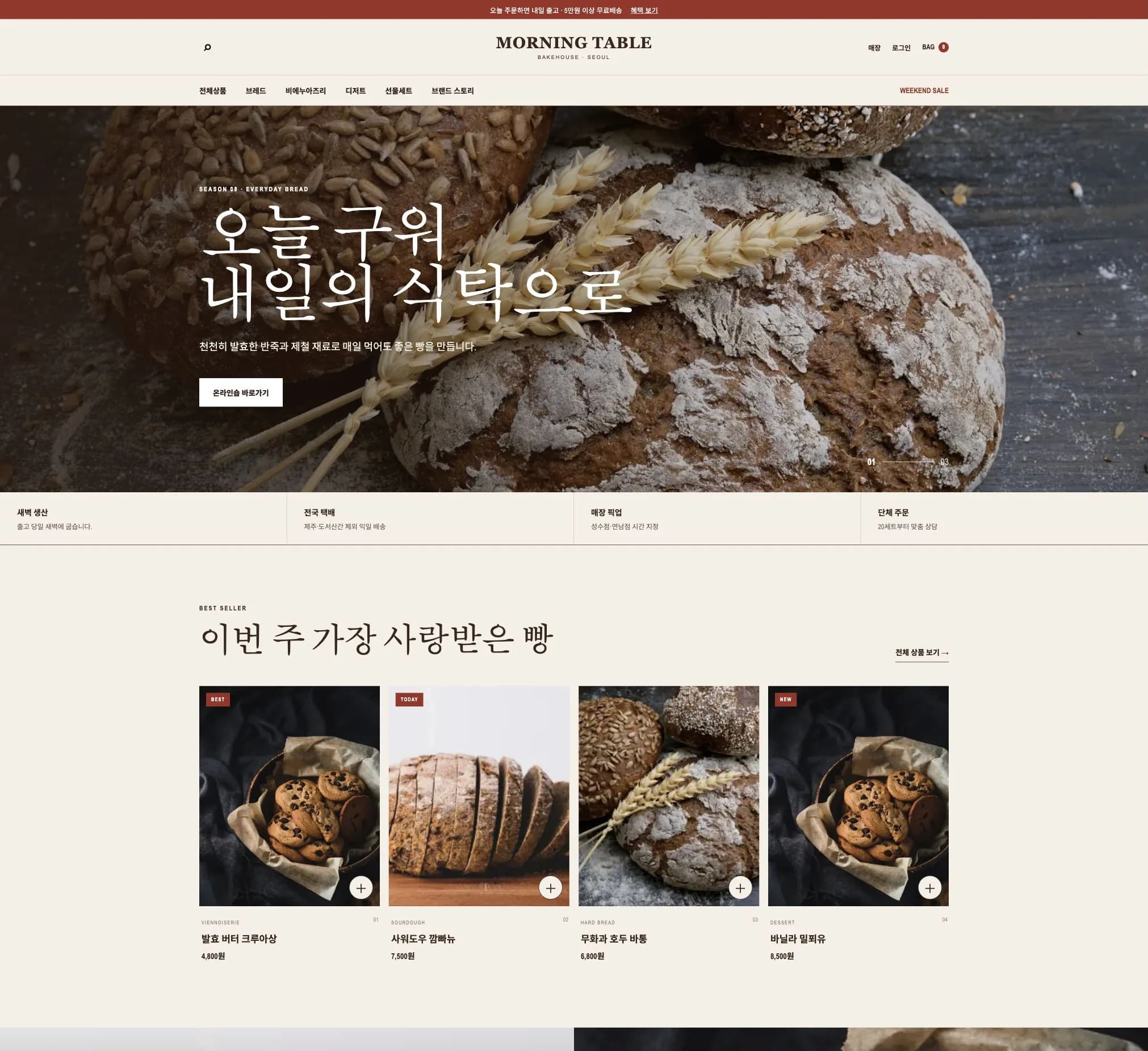 갓 구운 빵이 진열된 베이커리