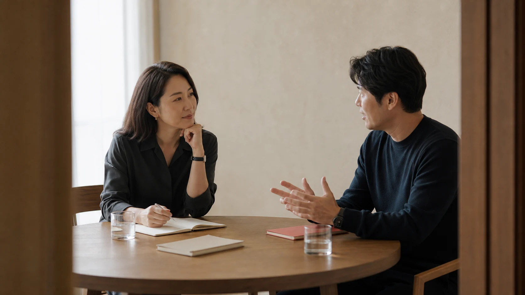 코치와 스타트업 리더가 둥근 테이블에서 대화하는 장면