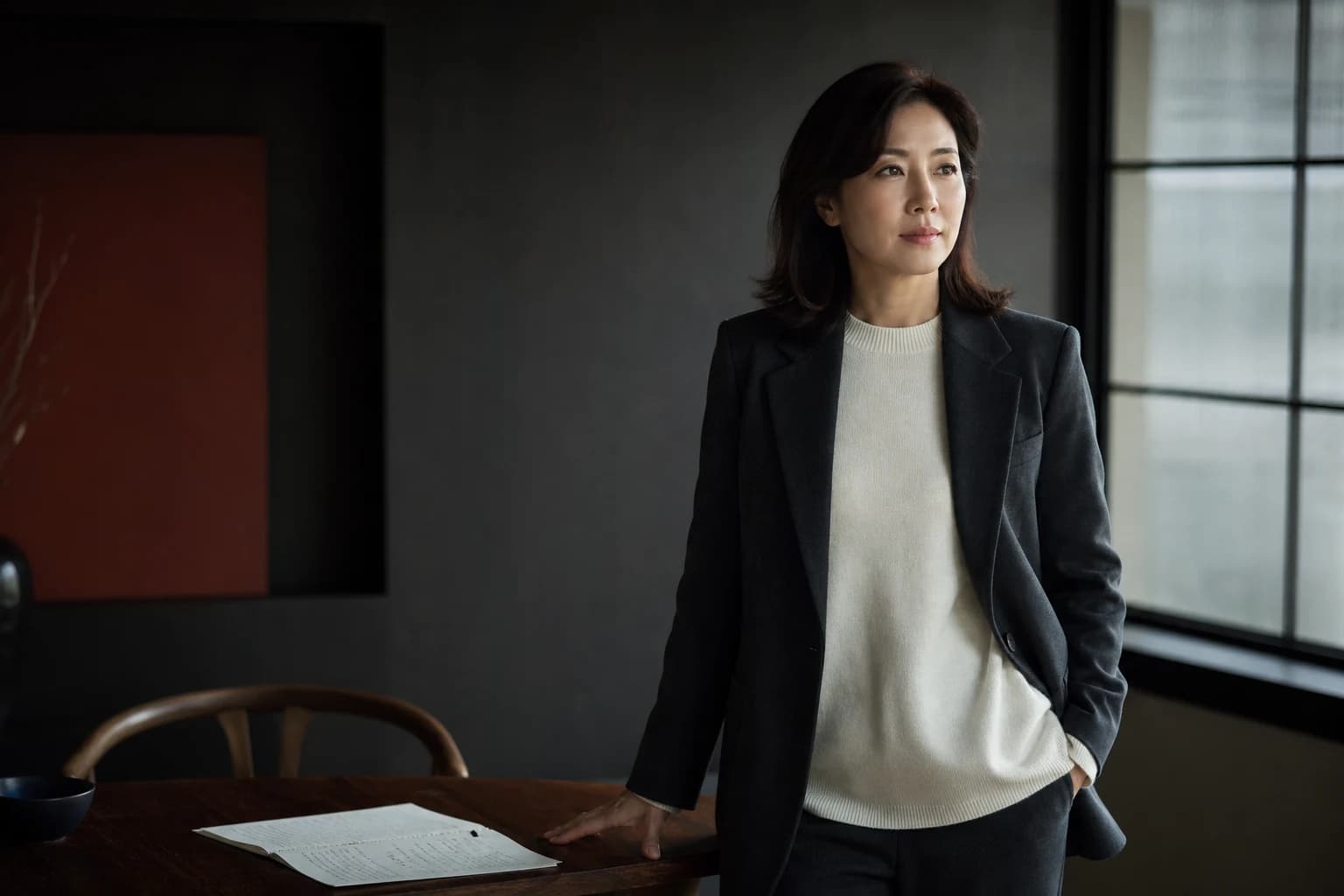 차분한 스튜디오에 서 있는 가상의 리더십 코치 윤해진