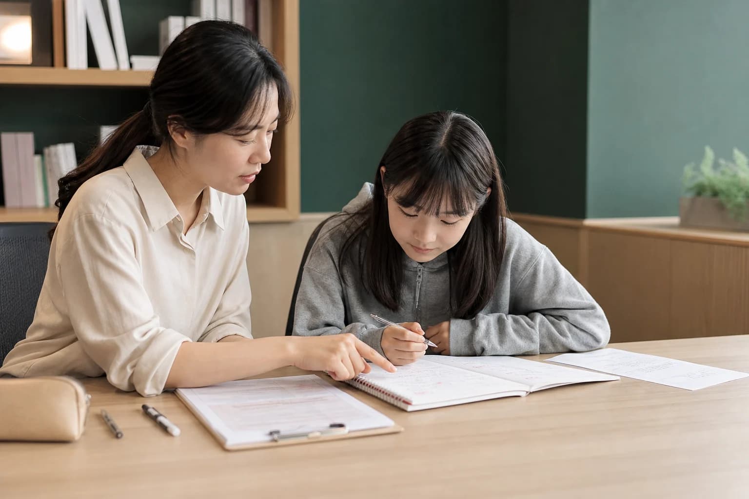 교사가 학생의 노트와 학습 기록을 보며 일대일 피드백하는 모습