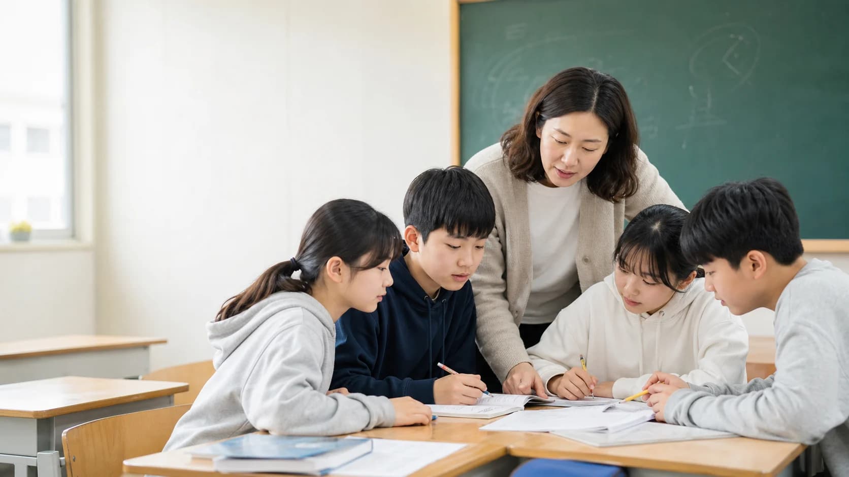 교사와 학생들이 함께 문제를 풀고 있는 밝은 교실