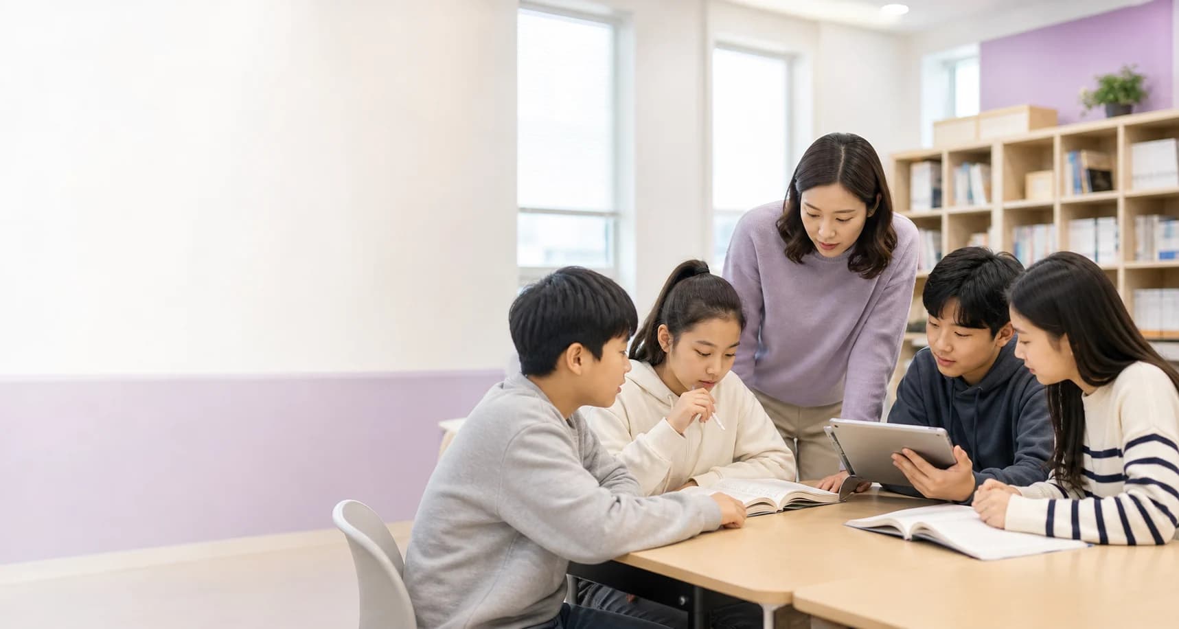 태블릿과 책을 함께 보며 문해력 수업을 하는 학생들