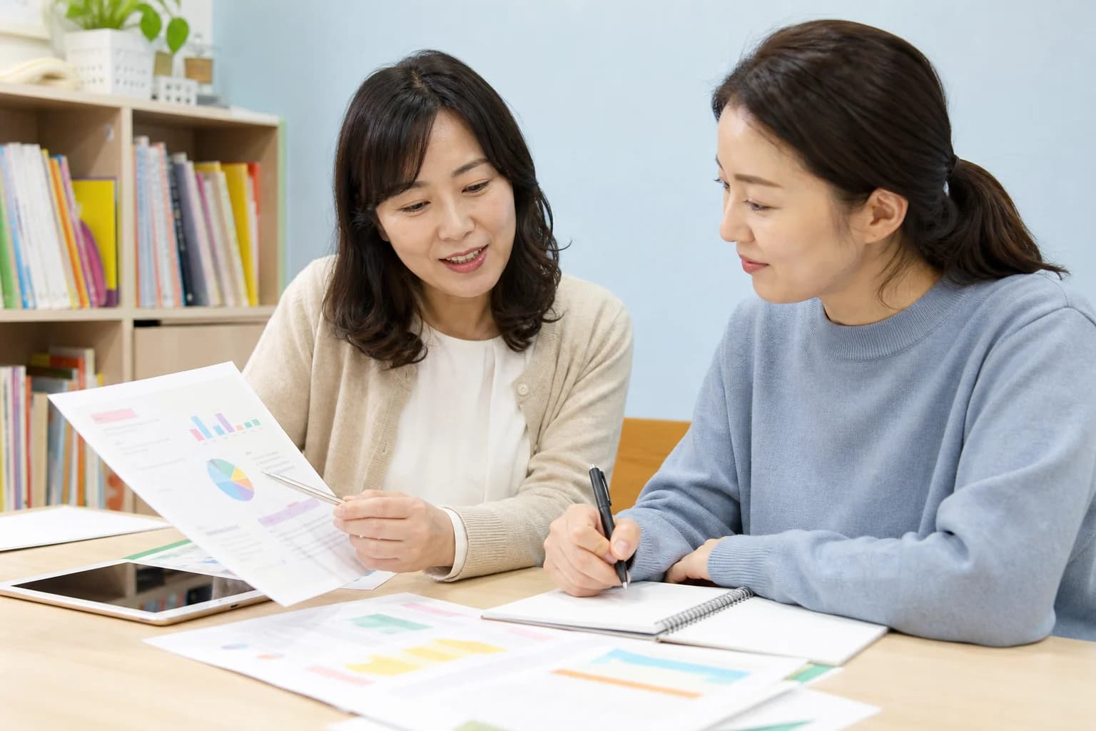 학습 성장 리포트를 검토하는 교사와 학원장